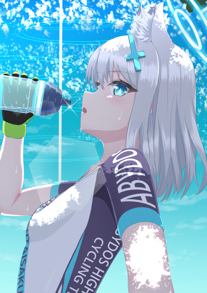1girl animal_ear_fluff animal_ears bangs bike_jersey blue_archive blue_eyes bottle collarbone commentary_request from_side grey_hair hair_between_eyes halo head_tilt highres holding holding_bottle looking_at_viewer looking_to_the_side medium_hair official_alternate_costume parted_lips plastic_bottle shiroko_(blue_archive) shiroko_(cycling)_(blue_archive) short_sleeves sidelocks solo sweat syimo wolf_ears wolf_girl