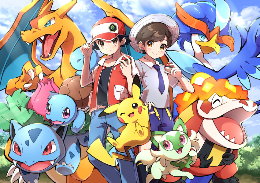 2boys :3 :d absurdres adjusting_clothes adjusting_headwear bangs baseball_cap black_hair black_shirt blue_eyes blue_necktie blue_pants blue_shorts blue_sky blush brown_eyes brown_hair bush charizard closed_mouth clouds cloudy_sky collared_shirt commentary_request crocalor day denim drawstring fangs feet_out_of_frame florian_(pokemon) grey_shirt hand_up hands_up hat highres holding holding_poke_ball ivysaur jacket jeans light_rays looking_at_viewer multiple_boys necktie open_clothes open_jacket open_mouth outdoors pants parted_bangs pikachu poke_ball poke_ball_(basic) pokemon pokemon_(creature) pokemon_(game) pokemon_frlg pokemon_sv pon_yui quaquaval red_(pokemon) red_eyes red_headwear red_jacket sharp_teeth shirt short_hair short_sleeves shorts sky smile sprigatito squirtle standing swept_bangs teeth tongue v-shaped_eyebrows violet_eyes wing_collar