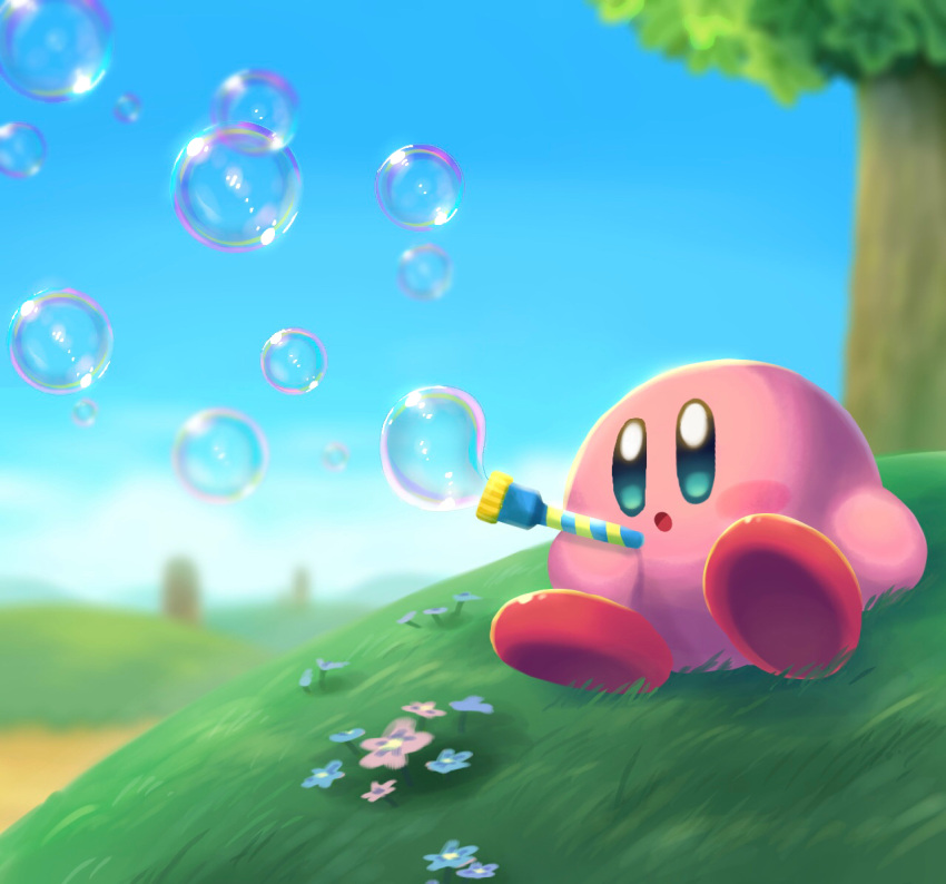 :o aruco_co blue_eyes blue_flower blue_sky blurry blurry_background blush blush_stickers bubble bubble_blowing bubble_pipe clouds commentary_request day flower grass hill holding kirby kirby_(series) on_grass open_mouth outdoors pink_flower sitting sky solo tree