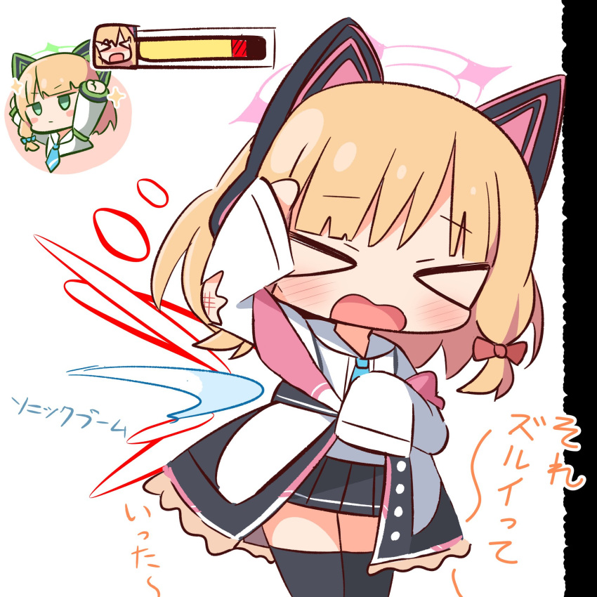 &gt;_&lt; 2girls animal_ear_headphones animal_ears bangs black_skirt black_thighhighs blonde_hair blue_archive blue_necktie blush bow bruise chibi closed_eyes closed_mouth collared_shirt commentary_request fake_animal_ears green_eyes hair_bow halo hana_kazari headphones health_bar highres injury jacket long_sleeves midori_(blue_archive) momoi_(blue_archive) multiple_girls necktie pleated_skirt red_bow shirt siblings sidelocks simple_background sisters skirt sleeves_past_fingers sleeves_past_wrists sparkle standing thigh-highs torn_jacket translation_request twins v-shaped_eyebrows white_background white_jacket white_shirt