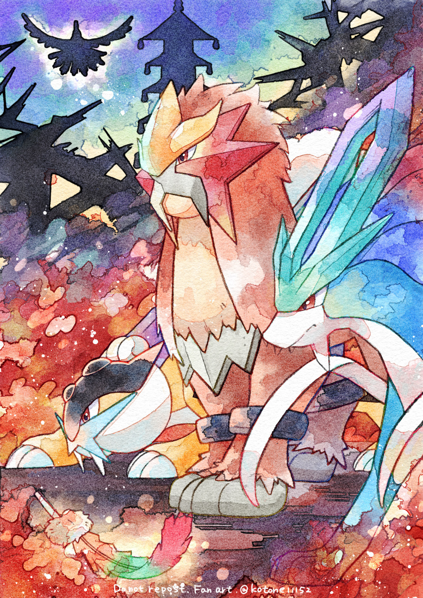 absurdres artist_name bird claws closed_mouth commentary_request entei fangs feathers flying highres ho-oh kotone11152 no_humans pagoda painting_(medium) pokemon pokemon_(creature) profile raikou rainbow_wing_(pokemon) red_eyes silhouette suicune traditional_media twitter_username watercolor_(medium) watermark
