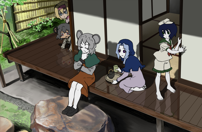 5girls absurdres alice_margatroid anchor_symbol animal_ears bangs barefoot blonde_hair blue_eyes blue_hair blue_hood brown_dress bush capelet closed_eyes closed_mouth colored_skin cookie_(touhou) cup day dress dual_persona expressionless flour_(cookie) full_body green_capelet green_eyes grey_dress grey_hair hairband hat highres ichigo_(cookie) long_sleeves looking_at_another milk_(cookie) mouse_ears mouse_girl multiple_girls murasa_minamitsu nazrin neckerchief nicoseiga36731666 nyon_(cookie) open_mouth outdoors pink_hairband porch red_eyes red_neckerchief rock sailor_collar sailor_hat sailor_shirt shirt short_hair shorts shouji sitting sliding_doors standing tatami teapot touhou tray tree veranda violet_eyes white_headwear white_shirt white_shorts white_skin wooden_floor yunomi