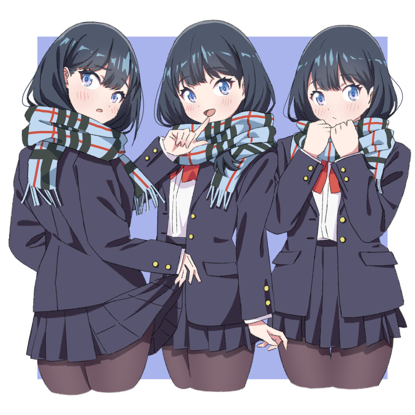 1girl absurdres black_hair black_pantyhose blazer blue_background blue_eyes border bow bowtie grey_skirt gridman_universe highres holding holding_clothes holding_skirt jacket long_hair miniskirt multiple_views pantyhose plaid plaid_scarf pleated_skirt red_bow scarf sho_(shoshos_8888) skirt skirt_hold ssss.gridman takarada_rikka white_border