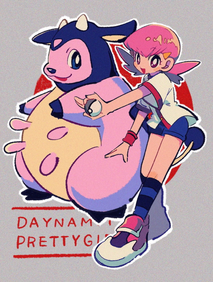 1girl :d bangs black_socks blue_shorts bright_pupils buttons commentary_request grey_background hair_ornament hairclip happy highres holding holding_poke_ball jacket knees long_hair miltank ok_ko19 open_mouth outline pink_hair poke_ball pokemon pokemon_(creature) pokemon_(game) pokemon_hgss shoes short_sleeves shorts smile socks striped striped_socks twintails violet_eyes white_jacket white_pupils whitney_(pokemon)