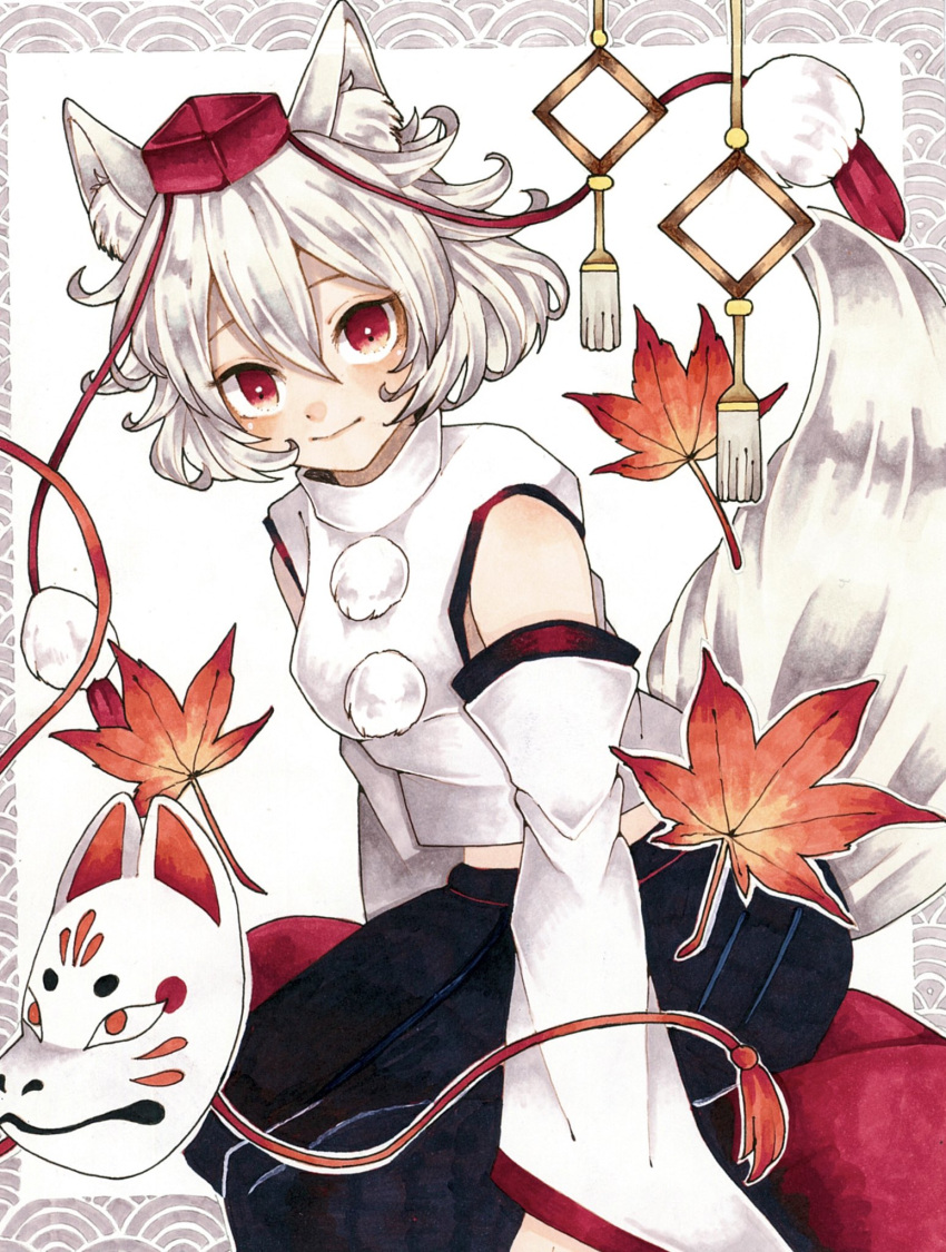 1girl animal_ear_fluff animal_ears autumn_leaves bangs blush closed_mouth commentary detached_sleeves fox_mask grey_hair hair_between_eyes hat highres inubashiri_momiji long_sleeves looking_at_viewer mask miyabiii_oekaki pom_pom_(clothes) red_eyes short_hair skirt solo tail tokin_hat touhou wolf_ears wolf_tail