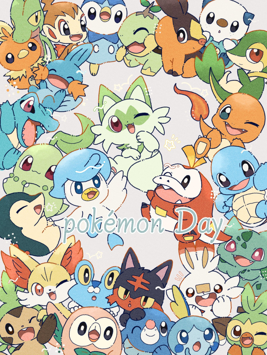 black_eyes blue_eyes brown_eyes bulbasaur charmander chespin chikorita chimchar closed_eyes closed_mouth cyndaquil fangs fennekin froakie fuecoco grookey hand_up hands_up highres jira_077 litten mudkip one_eye_closed open_mouth oshawott piplup pokemon pokemon_(creature) pokemon_(game) popplio quaxly red_eyes rowlet scorbunny snivy sobble sprigatito squirtle star_(symbol) teardrop tepig torchic totodile treecko turtwig yellow_eyes