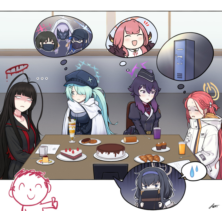 1boy 5girls antenna_hair arona's_sensei_doodle_(blue_archive) aru_(blue_archive) atsuko_(blue_archive) bangs baseball_cap black_eyes black_hair blue_archive blue_eyes blunt_bangs bow bowtie braid cake choker commentary_request croissant cup cupcake demon_girl demon_horns doughnut drinking_glass food fork gradient_hair green_hair grey_eyes hair_between_eyes hair_ornament hairband hairclip halo haruka_(blue_archive) hat highres hiyori_(blue_archive) hooded_coat horns jpark locker long_hair long_sleeves looking_away low_twintails mask misaki_(blue_archive) mouth_mask multicolored_hair multiple_girls nervous orange_juice parfait parted_bangs plate pudding purple_hair redhead saori_(blue_archive) scared school_uniform sensei_(blue_archive) serafuku short_hair side_ponytail sidelocks single_braid spoken_character spoken_sweatdrop strawberry_shortcake sweatdrop swiss_roll table tea teacup thought_bubble thumbs_up trait_connection tsurugi_(blue_archive) turtleneck twintails ui_(blue_archive) video_call violet_eyes yuzu_(blue_archive)