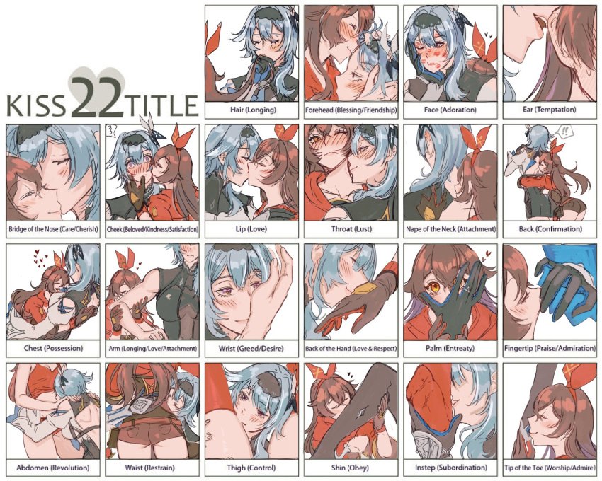 2girls amber_(genshin_impact) bangs black_hairband blue_eyes blue_hair blush brown_hair chart closed_eyes couple eula_(genshin_impact) genshin_impact gloves hair_ornament hair_ribbon hairband highres kiegenshin kiss kiss_chart kissing_cheek kissing_ear kissing_forehead kissing_hand long_hair medium_hair multiple_girls red_ribbon ribbon short_hair yuri