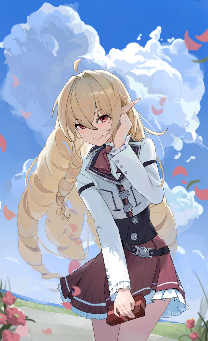 1girl absurdres ahoge bangs blonde_hair blue_sky bow bowtie box brown_bow brown_bowtie brown_skirt closed_mouth clouds cowboy_shot cumulonimbus_cloud day drill_hair elinalise_dragonroad eris_kissaten floating_hair hair_between_eyes hair_intakes hand_in_own_hair highres holding holding_box jacket layered_skirt long_hair long_sleeves looking_at_viewer miniskirt mushoku_tensei outdoors petals pleated_skirt pointy_ears red_eyes shirt skirt sky smile solo standing underbust very_long_hair white_jacket white_shirt