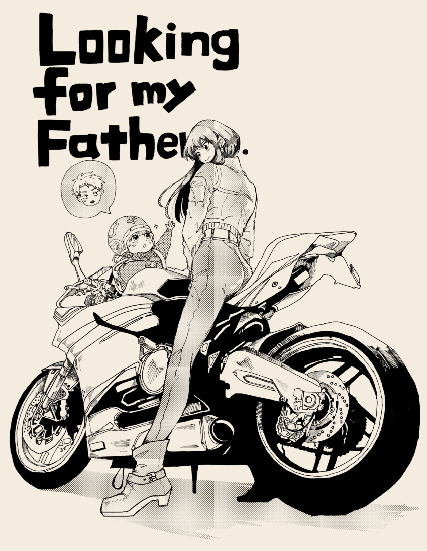 1boy 2girls anya_(spy_x_family) biker_clothes black_hair boots child cone_hair_bun earrings family female_child gold_earrings ground_vehicle hair_bun hairband hairpods highres jacket jewelry leather leather_jacket ly_spyl monochrome mother_and_daughter motor_vehicle motorcycle multiple_girls on_motorcycle pink_hair riding short_hair_with_long_locks spy_x_family twilight_(spy_x_family) yor_briar