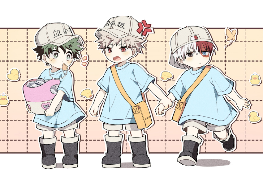 3boys :o aged_down anger_vein annoyed arm_at_side backwards_hat bag bakugou_katsuki bangs baseball_cap basket blonde_hair blue_eyes blue_shirt blush boku_no_hero_academia boots bright_pupils bug burn_scar butterfly coi_mha commentary distracted dotted_line drop_shadow eye_contact film_grain freckles full_body gradient_background green_eyes green_hair grey_eyes grey_shorts grid_background hair_between_eyes hat headwear_writing heart heterochromia highres holding holding_another's_arm holding_basket kindergarten_bag kindergarten_uniform lineup long_sleeves looking_at_animal looking_at_another looking_to_the_side male_child male_focus midoriya_izuku mouth_hold multicolored_hair multiple_boys no_nose notice_lines open_mouth outline outside_border parted_lips pigeon-toed red_eyes redhead rubber_duck scar scar_on_face shadow shirt short_hair short_sleeves shorts shoulder_bag spiky_hair split-color_hair standing straight_hair todoroki_shouto turning_head two-tone_footwear two-tone_hair v-shaped_eyebrows walking whistle whistle_around_neck white_hair white_outline white_pupils yellow_bag