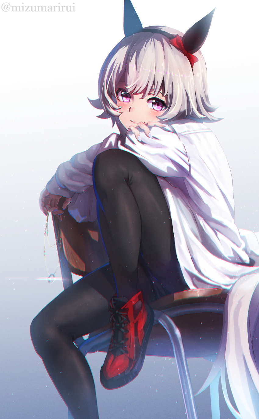 1girl absurdres animal_ears black_hairband black_pantyhose bow chair commentary curren_chan_(umamusume) ear_bow ear_covers grey_hair hairband highres horse_ears horse_girl horse_tail long_sleeves looking_at_viewer pantyhose red_bow red_footwear short_hair shuijulei sitting smile solo sweater tail twitter_username umamusume violet_eyes white_sweater