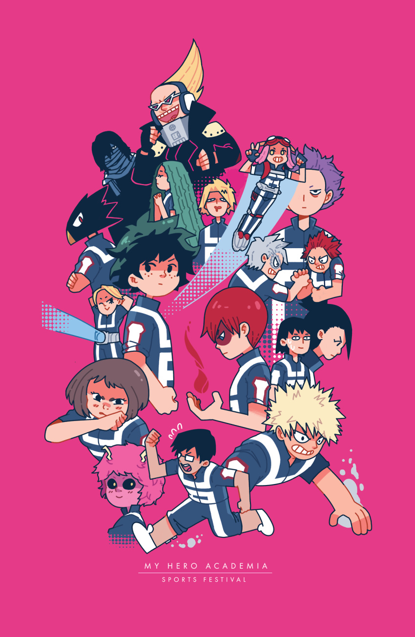 5girls 6+boys animal_head aoyama_yuuga arm_wrestling arms_behind_head ashido_mina bags_under_eyes bakugou_katsuki beak bird_boy black_eyes black_hair black_sclera blonde_hair blue_jacket blue_pants boku_no_hero_academia brown_hair burn_scar byronb clenched_hands closed_mouth colored_sclera colored_skin commentary crossed_arms english_commentary english_text eraser_head_(boku_no_hero_academia) fire freckles glasses green_hair grey_hair gym_uniform hatsume_mei highres horns iida_tenya interlocked_fingers jacket kaminari_denki kirishima_eijirou long_hair looking_at_viewer midoriya_izuku multiple_boys multiple_girls open_mouth own_hands_clasped own_hands_together pants pink_background pink_hair pink_skin ponytail present_mic purple_hair red_eyes redhead running scar scar_on_face scarf sero_hanta shinsou_hitoshi shiozaki_ibara short_hair simple_background smile spiky_hair tetsutetsu_tetsutetsu todoroki_shouto tokoyami_fumikage u.a._gym_uniform uraraka_ochako white_footwear yaoyorozu_momo yellow_eyes