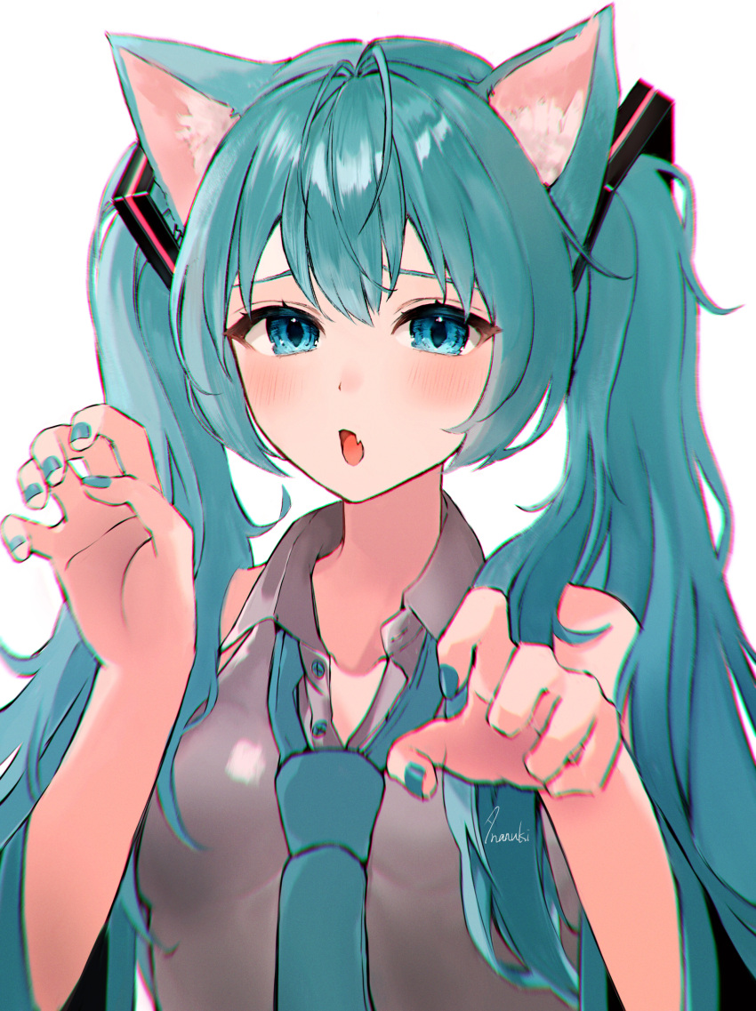 1girl absurdres animal_ear_fluff animal_ears antenna_hair bangs blush breasts cat_ears cat_girl commentary_request eyebrows_hidden_by_hair eyelashes fang green_eyes green_hair green_nails green_necktie grey_vest hair_between_eyes hatsune_miku highres looking_at_viewer medium_breasts nail_polish necktie open_mouth paw_pose sidelocks simple_background solo tananuki twintails upper_body vest vocaloid white_background