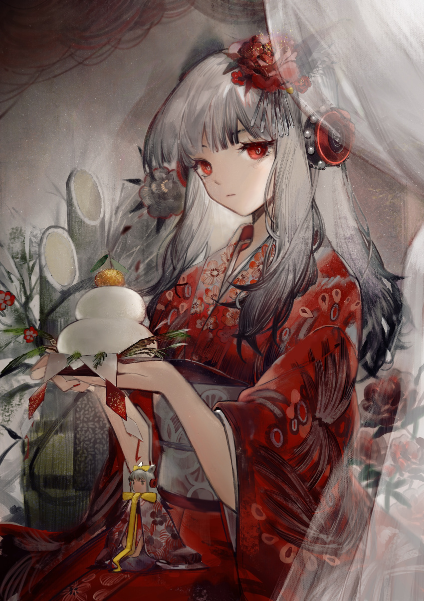 1girl absurdres alternate_costume animal_ears arknights bamboo bangs bow chinese_commentary commentary_request curtains finn_zoey floral_print flower food fox_ears fox_girl frostleaf_(arknights) furisode grey_hair hair_bow hair_flower hair_ornament headphones highres hina_ningyou holding holding_plate japanese_clothes kimono light_particles long_hair looking_at_viewer mochi new_year obi obijime plate plum_blossoms print_kimono red_eyes red_kimono red_nails sash scarf seiza sitting solo