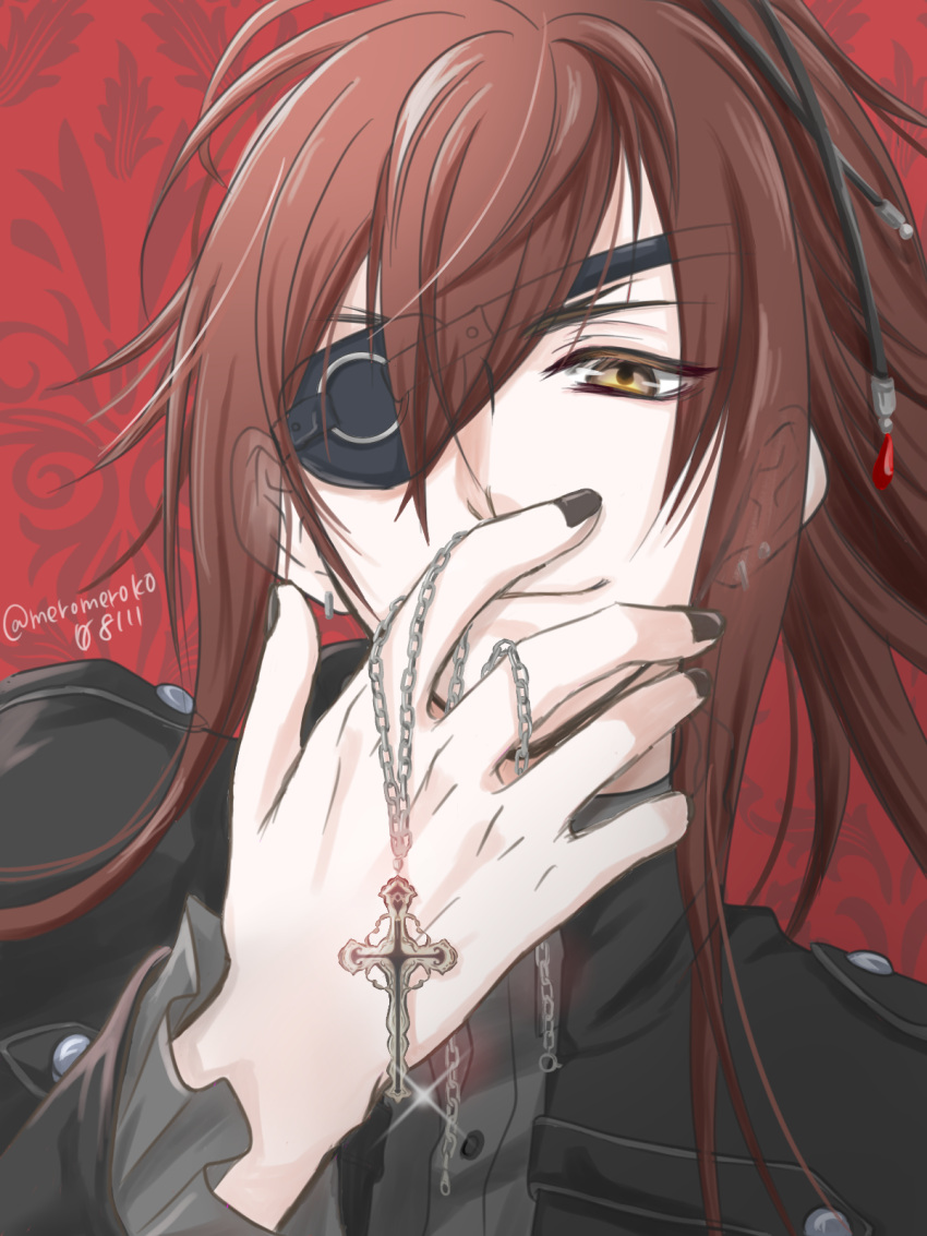 1boy black_jacket black_nails black_sweater closed_mouth collar_x_malice enomoto_mineo eyepatch highres jacket jewelry long_hair looking_at_viewer male_focus mero-yoruyami necklace ponytail red_background redhead ring_necklace smile solo sweater turtleneck turtleneck_sweater yellow_eyes
