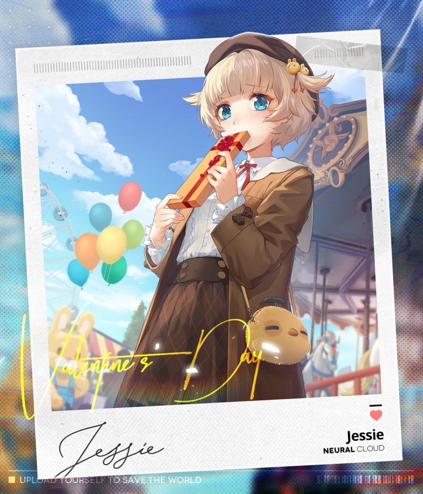 1girl artist_request bag balloon blue_eyes brown_headwear brown_jacket brown_skirt carousel character_name collared_shirt copyright_name covering_mouth frilled_shirt frills girls'_frontline_neural_cloud girls_frontline hair_ornament handbag hat highres jacket jessie_(girls'_frontline_nc) light_brown_hair long_sleeves looking_at_viewer m1897_(girls'_frontline) official_art outdoors polaroid shirt shirt_tucked_in short_hair skirt sky solo two_side_up valentine white_shirt