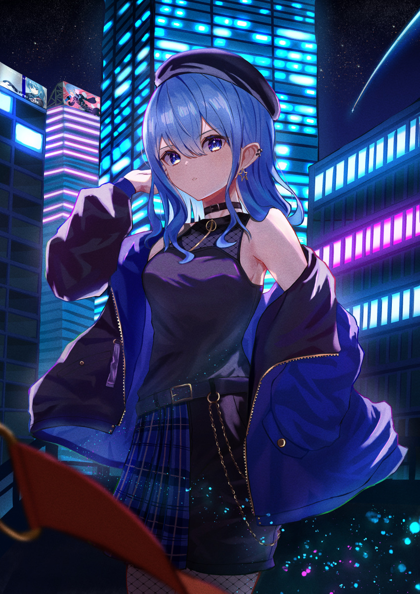 1girl absurdres belt beret billboard black_choker blue_eyes blue_hair building chain choker city_lights cowboy_shot hair_between_eyes hat highres hololive hoshimachi_suisei jacket jewelry ky00 light_particles long_hair long_sleeves looking_at_viewer night night_sky off_shoulder official_alternate_costume open_clothes open_jacket parted_lips plaid plaid_skirt ruffling_hair shooting_star sidelocks skirt sky skyscraper solo standing star_(symbol) star_in_eye symbol_in_eye virtual_youtuber