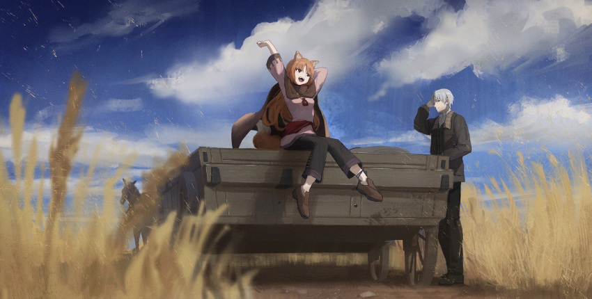 1boy 1girl :d animal_ears arm_behind_head arm_up beard black_cardigan black_pants blue_sky blurry blurry_foreground brown_footwear brown_hair cardigan cart closed_mouth clouds craft_lawrence day facial_hair full_body grey_hair highres holo horse long_hair long_sleeves nekoreito open_mouth outdoors pants pink_shirt red_eyes shirt short_hair sitting sky smile spice_and_wolf standing stretching tail very_long_hair wheat wolf_ears wolf_girl wolf_tail