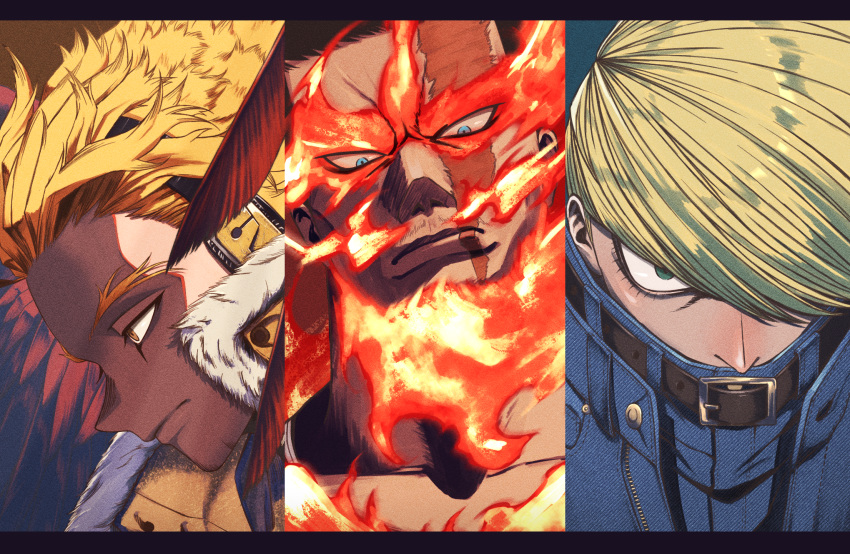 3boys bangs beard belt belt_buckle belt_collar best_jeanist black_belt blonde_hair blue_eyes blue_shirt boku_no_hero_academia buckle buttons closed_mouth collar column_lineup commentary covered_mouth denim denim_shirt endeavor_(boku_no_hero_academia) expressionless facial_hair facial_mark feathered_wings film_grain fire forked_eyebrows fur_trim furrowed_brow green_eyes hair_over_one_eye hair_slicked_back hawks_(boku_no_hero_academia) head_down head_tilt headphones high_collar highres jitome letterboxed looking_at_viewer male_focus mature_male multiple_boys natsu_doli nose portrait profile red_wings redhead sanpaku scar scar_across_eye scar_on_face scar_on_mouth shirt short_hair stubble swept_bangs triangle tsurime wings yellow_eyes zipper