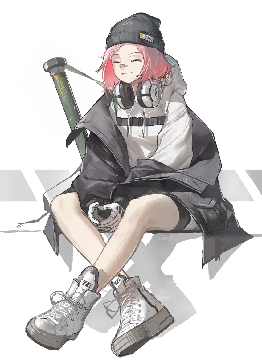 1girl absurdres bandaid bandaid_on_face bandaid_on_nose beanie bike_shorts black_jacket closed_eyes commentary countryman_(artist) crossed_ankles full_body girls_frontline gloves grin hat headphones headphones_around_neck highres hood hood_down jacket mk_153_(girls'_frontline) off_shoulder pink_hair rocket_launcher shoes simple_background sitting smile sneakers solo weapon white_gloves white_hood