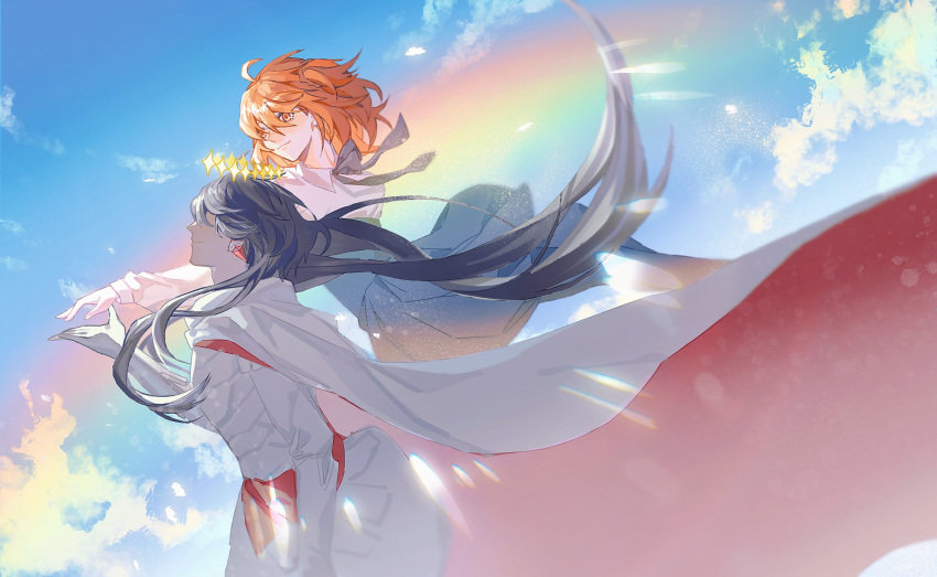 1boy 1girl black_hair blue_ribbon blue_skirt blue_sky cloak clouds collared_shirt constantine_xi_(fate) cowboy_shot earrings faceless faceless_male fate/grand_order fate_(series) feet_out_of_frame floating from_side fujimaru_ritsuka_(female) fujimaru_ritsuka_(female)_(anniversary_blonde) gloves hair_between_eyes hair_ornament hair_scrunchie halo high-waist_skirt highres jewelry jing84672940 long_hair medium_hair neck_ribbon one_side_up orange_eyes orange_hair orange_scrunchie outstretched_arm profile rainbow ribbon scrunchie shirt skirt sky smile tunic white_armor white_cloak white_gloves white_shirt white_tunic