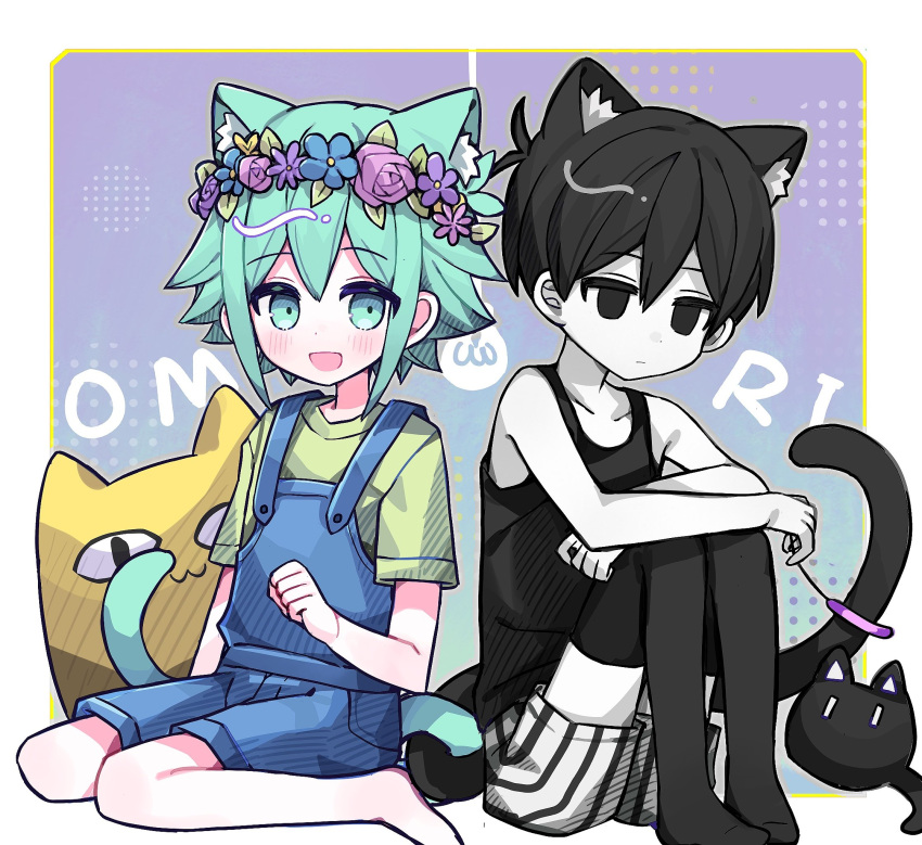 2boys animal_ears barefoot basil_(omori) big_yellow_cat_(omori) black_eyes black_hair black_thighhighs blue_overalls blush cat cat_boy cat_ears cat_tail cat_teaser closed_mouth collarbone colored_skin copyright_name expressionless extra_ears flower green_eyes green_hair head_wreath highres looking_at_viewer looking_away mewo multiple_boys omori omori_(omori) open_mouth overall_shorts overalls shio_0585 shirt short_hair short_sleeves sitting smile tail tank_top thigh-highs wariza white_skin yellow_shirt