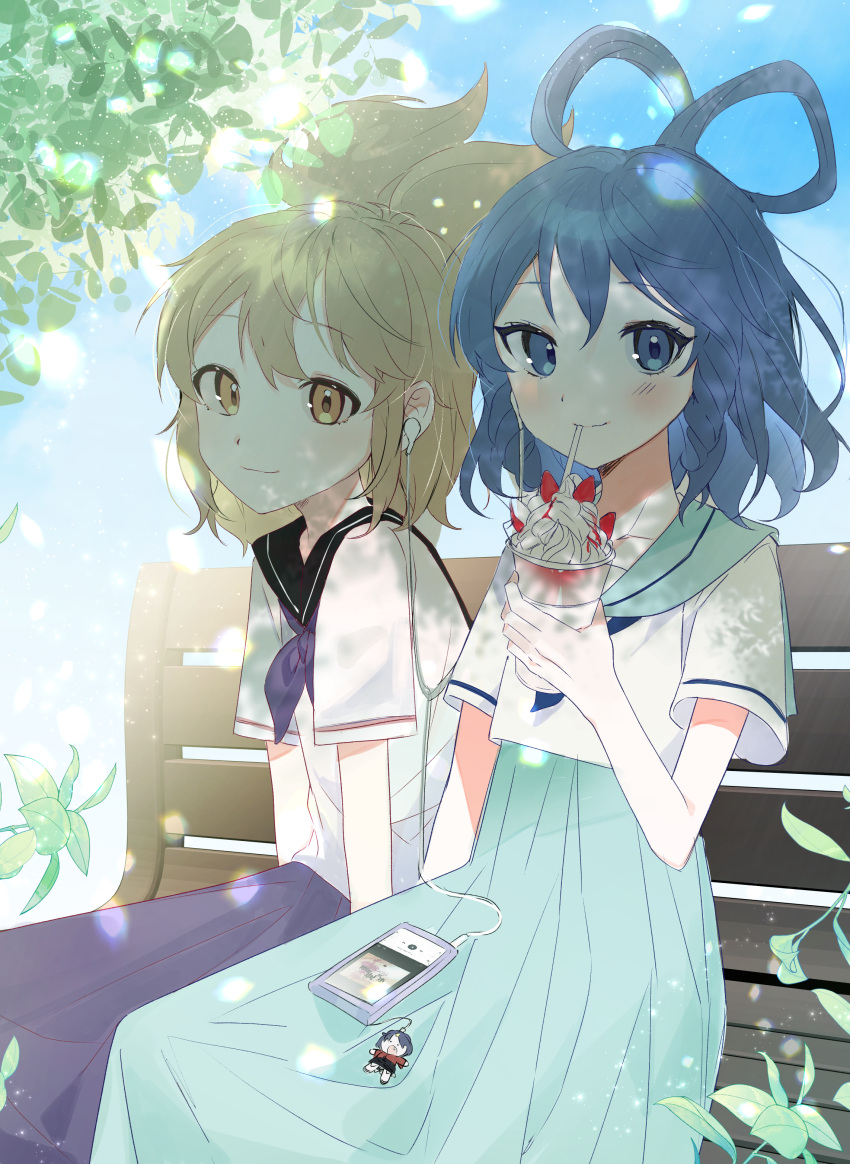 2girls absurdres adapted_costume alternate_costume bangs bench bloom blue_dress blue_eyes blue_hair blush cellphone character_doll dress earphones earphones flat_chest hair_rings highres j_(ppxx3543) kaku_seiga leaf light_brown_hair light_particles light_smile looking_at_viewer medium_hair milkshake miyako_yoshika multiple_girls outdoors phone pointy_hair short_sleeves sidelighting sitting smartphone touhou toyosatomimi_no_miko yellow_eyes