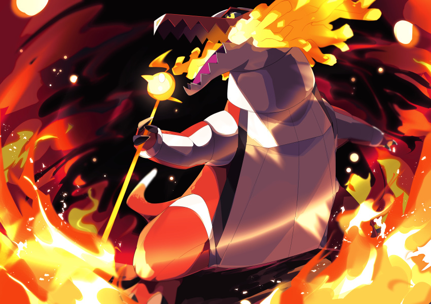 absurdres black_sclera claws colored_sclera commentary_request fire highres holding kura_(shironagasu02) open_mouth pokemon pokemon_(creature) skeledirge solo tongue wavy_mouth yellow_eyes