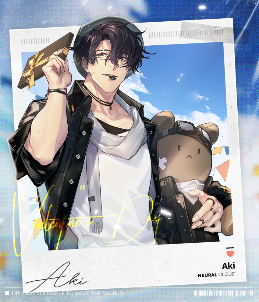 1boy aki_(girls'_frontline_nc) artist_request black_jacket box bracelet brown_hair character_name copyright_name gift gift_box girls'_frontline_neural_cloud girls_frontline hat highres holding holding_gift holding_stuffed_toy jacket jewelry looking_at_viewer male_focus mouth_hold muscular muscular_male official_art outdoors polaroid ring scar scar_on_face scarf shirt short_hair sky smile solo stuffed_animal stuffed_toy teddy_bear upper_body valentine white_scarf white_shirt