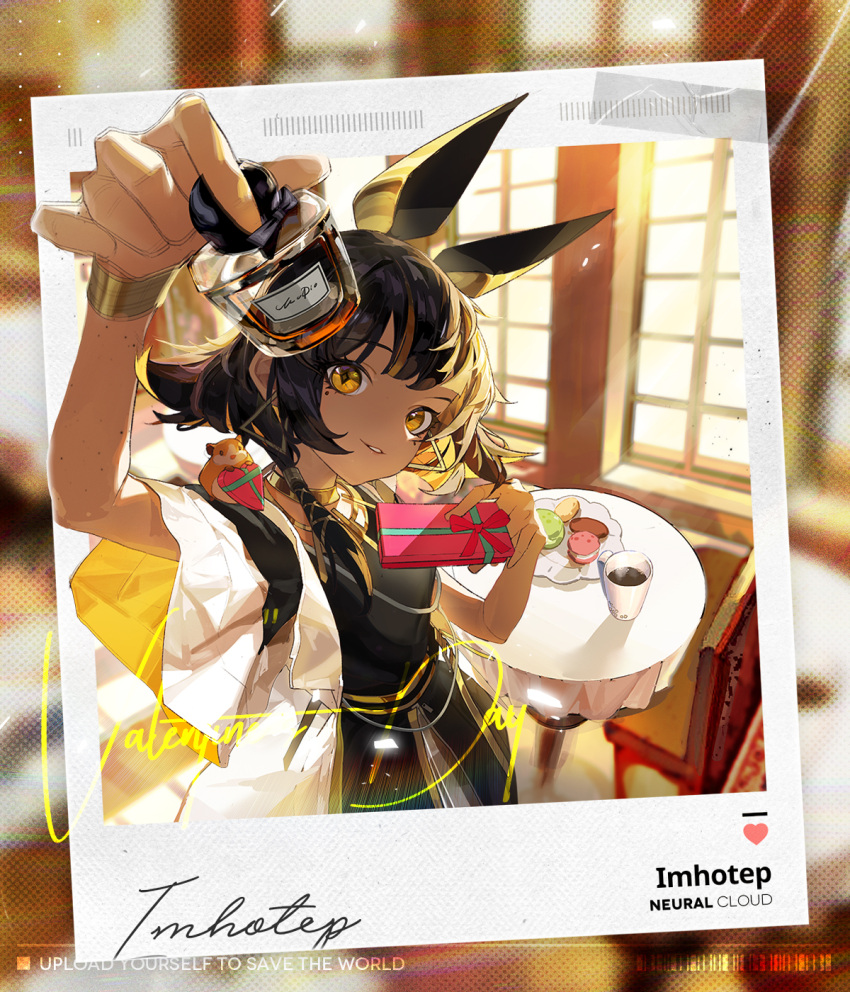 1girl animal_ears artist_request black_dress box bracelet brown_hair character_name copyright_name cowboy_shot dark-skinned_female dark_skin dress food gift gift_box girls'_frontline_neural_cloud girls_frontline highres holding holding_gift imhotep_(girls'_frontline_nc) indoors jacket jewelry long_hair looking_at_viewer macaron mole mole_under_eye official_art polaroid short_sleeves smile solo valentine white_jacket window yellow_eyes