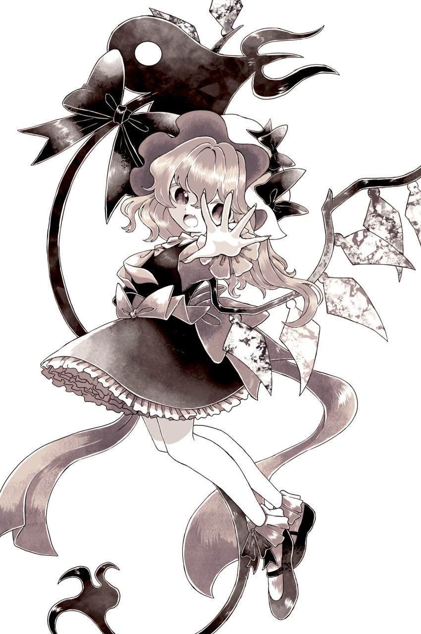 1girl crystal fang fingernails flandre_scarlet frilled_skirt frills full_body hat highres laevatein_(touhou) long_hair looking_at_viewer mob_cap open_mouth shoes simple_background skin_fang skirt slit_pupils socks solo touhou umebitan vest white_background wings wrist_cuffs