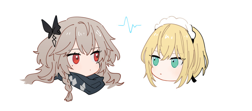 2girls blonde_hair brown_hair chibi commentary_request expressionless girls_frontline green_eyes hair_ornament head_only long_hair looking_at_another maid_headdress marlohe_(girls'_frontline) mole mole_under_eye morisenn multiple_girls red_eyes scarf simple_background sp9_(girls'_frontline) white_background