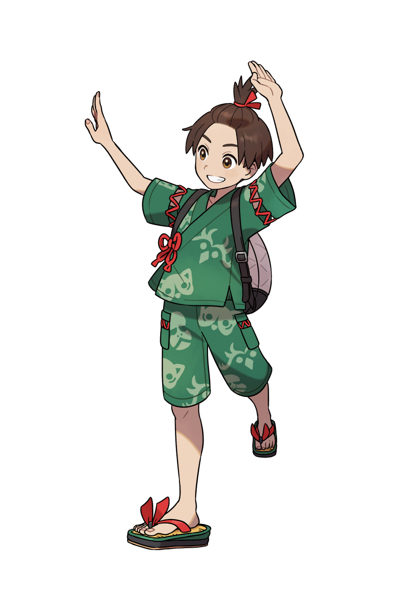 1boy absurdres arms_up artist_request backpack bag bangs_pinned_back blush brown_eyes brown_hair collarbone cross-laced_clothes florian_(pokemon) forehead full_body green_shirt green_shorts grin hair_tie happy highres leg_up light_blush male_focus multicolored_footwear official_art outline pocket pokemon print_shirt print_shorts sandals shirt short_hair short_sleeves shorts sidelocks simple_background smile solo standing standing_on_one_leg teeth topknot transparent_background white_outline