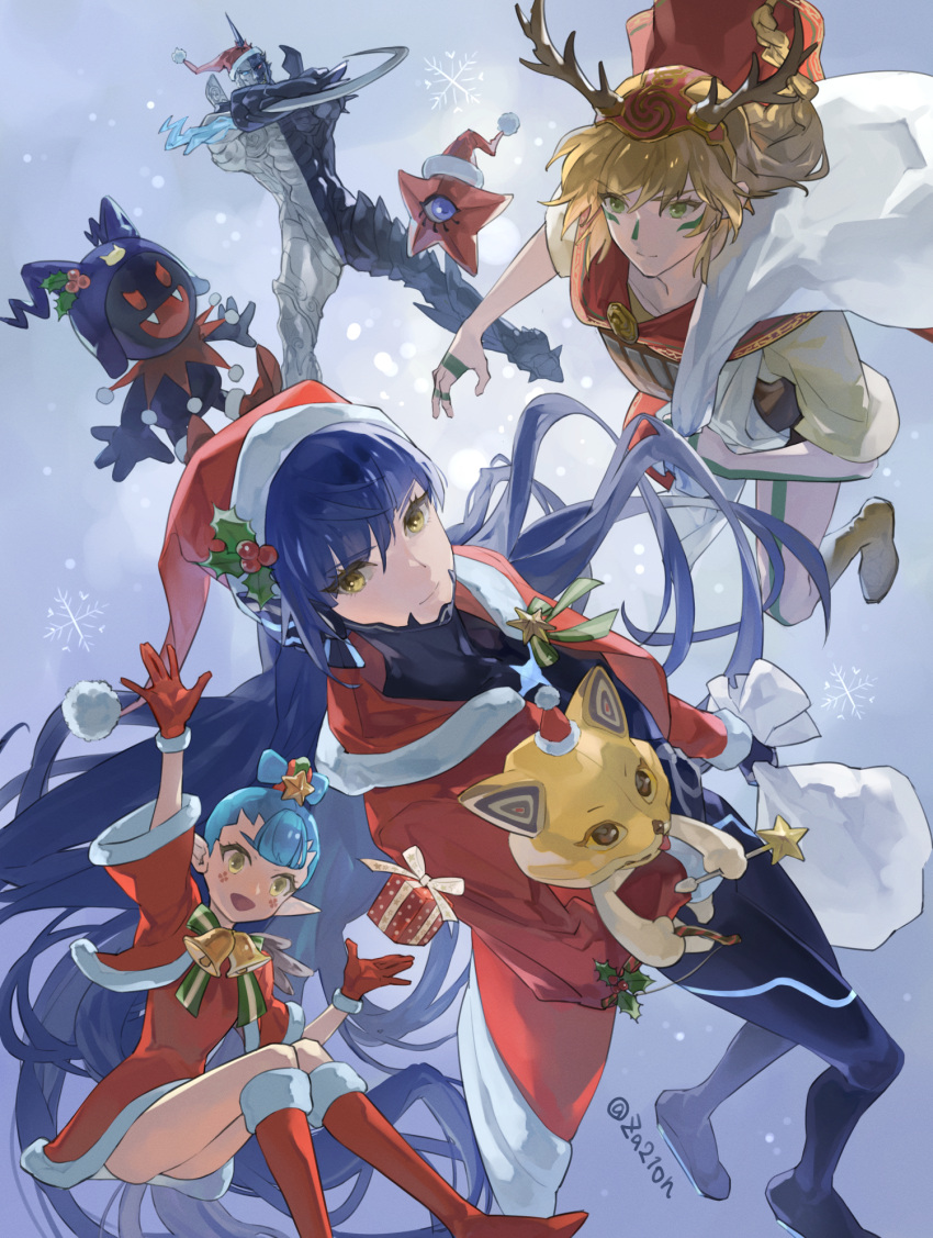 1girl 3boys :d amanozako_(megami_tensei) androgynous antlers arm_up artist_name bell black_bodysuit black_frost blonde_hair blue_hair bodysuit boots box braid braided_ponytail cape capelet character_request christmas closed_mouth commentary_request decarabia dress fake_antlers fangs floating_hair fur-trimmed_boots fur-trimmed_capelet fur-trimmed_dress fur-trimmed_gloves fur-trimmed_headwear fur-trimmed_jacket fur_trim gift gift_box gloves green_eyes hair_between_eyes hand_up hat highres holding holding_sack holding_stuffed_toy holly jacket long_hair long_sleeves looking_at_viewer male_focus multiple_boys neck_bell neck_ribbon one-eyed open_clothes open_jacket open_mouth outdoors pointy_ears pom_pom_(clothes) protagonist_(smtv) red_cape red_capelet red_dress red_eyes red_footwear red_gloves red_headwear red_jacket reindeer_antlers ribbon sack santa_costume santa_hat shin_megami_tensei shin_megami_tensei_v short_hair short_sleeves single_braid smile snowflakes snowing starfish stuffed_animal stuffed_toy twitter_username v-shaped_eyebrows very_long_hair za210n