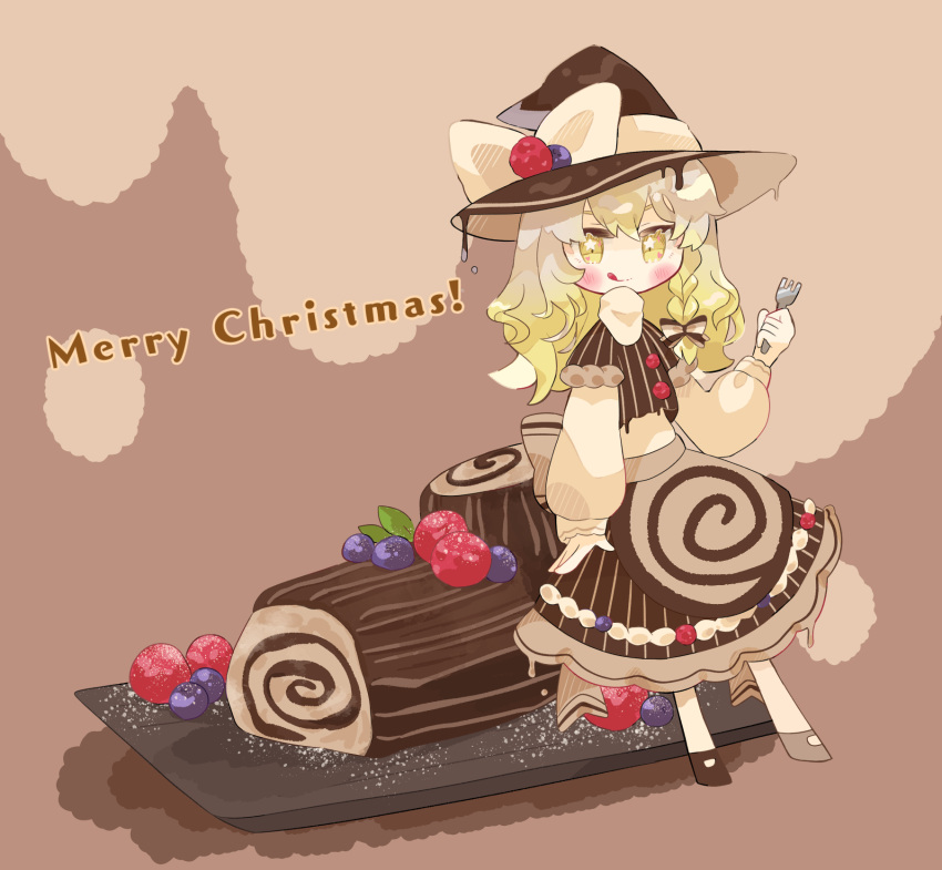 1girl bangs black_skirt blonde_hair blush chibi food fork full_body hat highres holding holding_fork kirisame_marisa long_hair long_sleeves looking_at_viewer merry_christmas plate skirt solo standing star-shaped_pupils star_(symbol) symbol-shaped_pupils tongue tongue_out touhou user_tppj4775 witch_hat