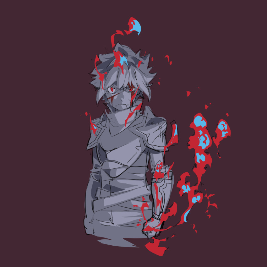1boy aoki_ken'ichirou armor bell_cranel blood blue_fire closed_mouth cuts dungeon_ni_deai_wo_motomeru_no_wa_machigatteiru_darou_ka fire gauntlets greyscale_with_colored_background highres injury looking_at_viewer red_background red_eyes short_hair solo