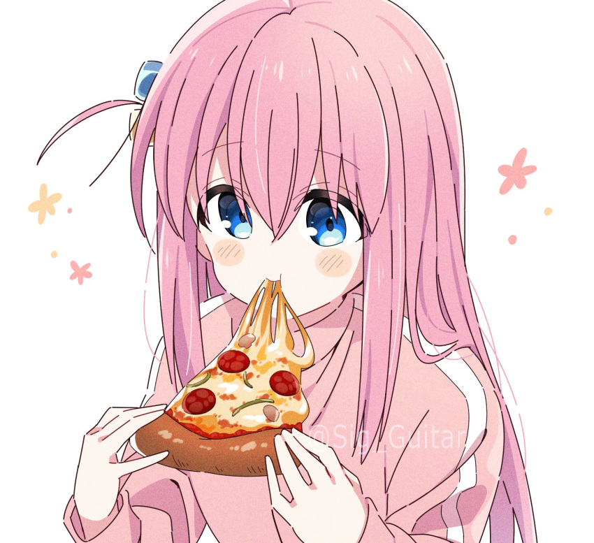 1girl bangs blue_eyes bocchi_the_rock! breasts commentary_request cube_hair_ornament eating food gotou_hitori hair_between_eyes hair_ornament highres jacket large_breasts long_hair one_side_up pink_hair pink_jacket pizza shigure_(sigre) solo upper_body white_background