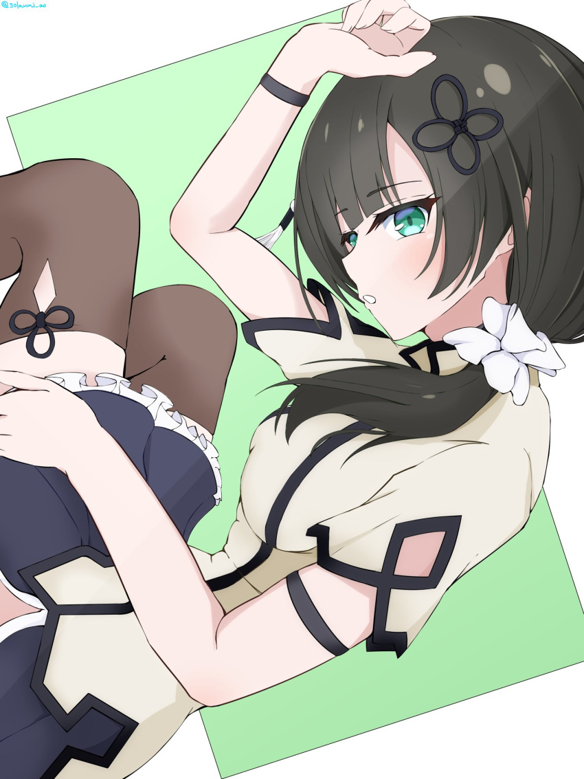 1girl aqua_eyes arm_cutout arm_strap arm_up assault_lily bangs black_hair black_skirt blunt_bangs breasts brown_thighhighs clothing_cutout commentary_request feet_out_of_frame flower_knot frilled_skirt frills green_background green_eyes grey_shirt hair_ornament hair_over_shoulder hair_scrunchie hand_on_own_head hand_on_own_thigh highres long_hair looking_away low_ponytail lying medium_breasts miniskirt on_side parted_lips pleated_skirt scrunchie shirt short_sleeves side_ponytail side_slit skirt solo sora_umi_ao tassel tassel_hair_ornament thigh-highs twitter_username two-tone_background wang_yujia white_background white_scrunchie wristband