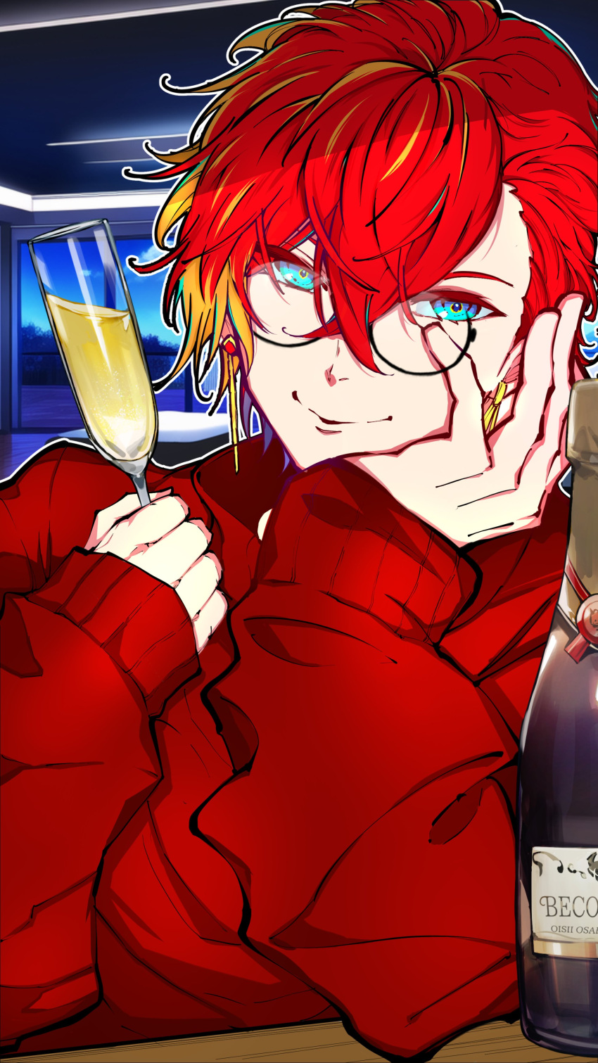 1boy absurdres alcohol alternate_costume aqua_eyes bangs bespectacled bottle champagne champagne_bottle champagne_flute crossed_bangs cup drinking_glass earrings glasses hair_behind_ear hair_between_eyes hand_on_own_face head_rest highres hizaki_gamma hizaki_gamma_(artist) holding holding_cup holostars indoors jewelry looking_at_viewer male_focus multicolored_hair orange_hair outline purple_hair red_sweater redhead semi-rimless_eyewear short_hair sleeves_past_wrists smile solo streaked_hair sweater table turtleneck turtleneck_sweater upper_body virtual_youtuber white_outline window wooden_table