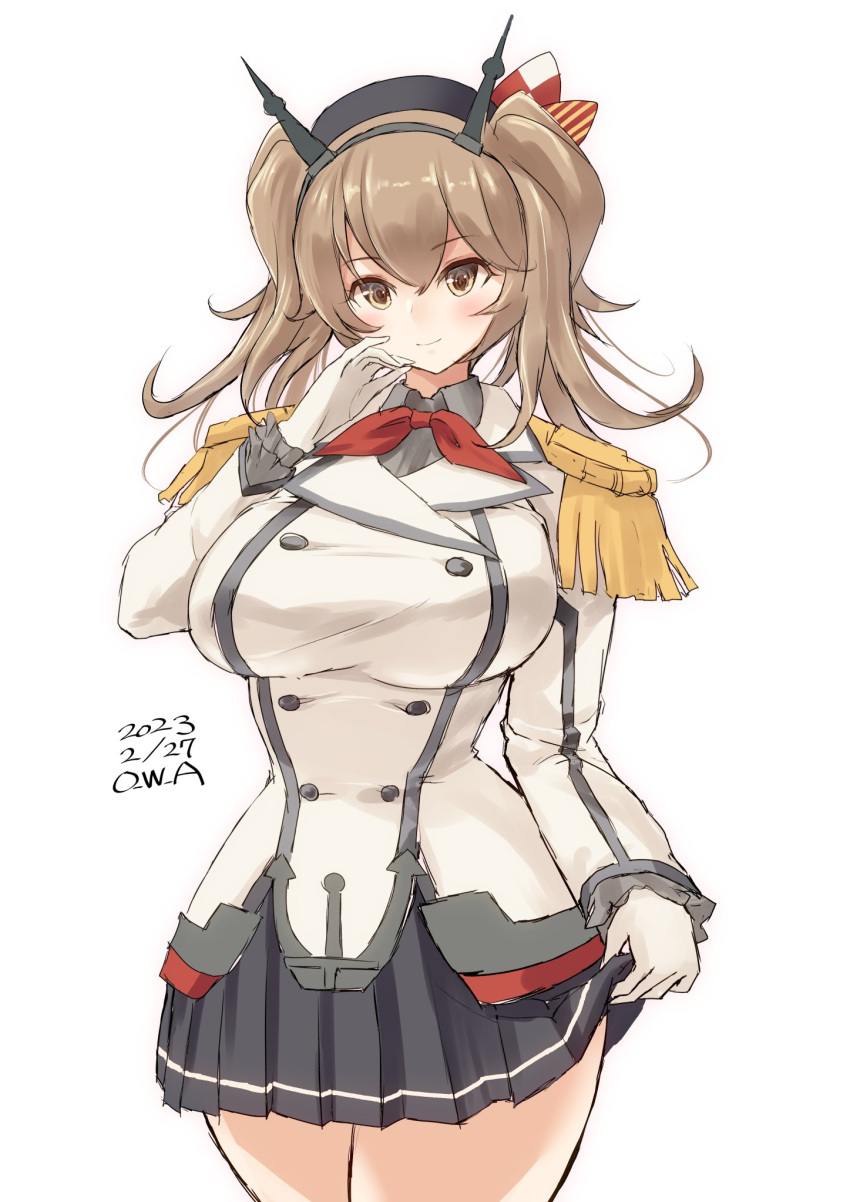 1girl alternate_costume alternate_hair_length alternate_hairstyle artist_name beret breasts brown_hair buttons cosplay dated double-breasted epaulettes frilled_sleeves frills gloves green_eyes grey_skirt hat highres jacket kantai_collection kashima_(kancolle) kashima_(kancolle)_(cosplay) large_breasts long_sleeves looking_at_viewer medium_hair military military_jacket military_uniform miniskirt mutsu_(kancolle) neckerchief owa_(ishtail) pleated_skirt red_neckerchief skirt solo twintails uniform white_gloves white_jacket