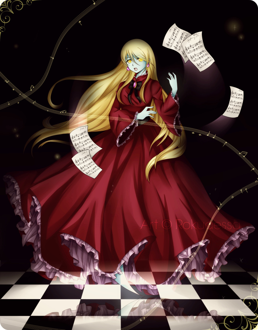 1girl absurdres black_bow black_bowtie blonde_hair bow bowtie bracket brooch dress ghost ghost_girl glowing glowing_eyes highres jewelry long_hair looking_at_viewer luigi's_mansion melody_pianissima musical_note open_mouth red_dress rokudessa sheet_music staff_(music) super_mario_bros. tile_floor tiles