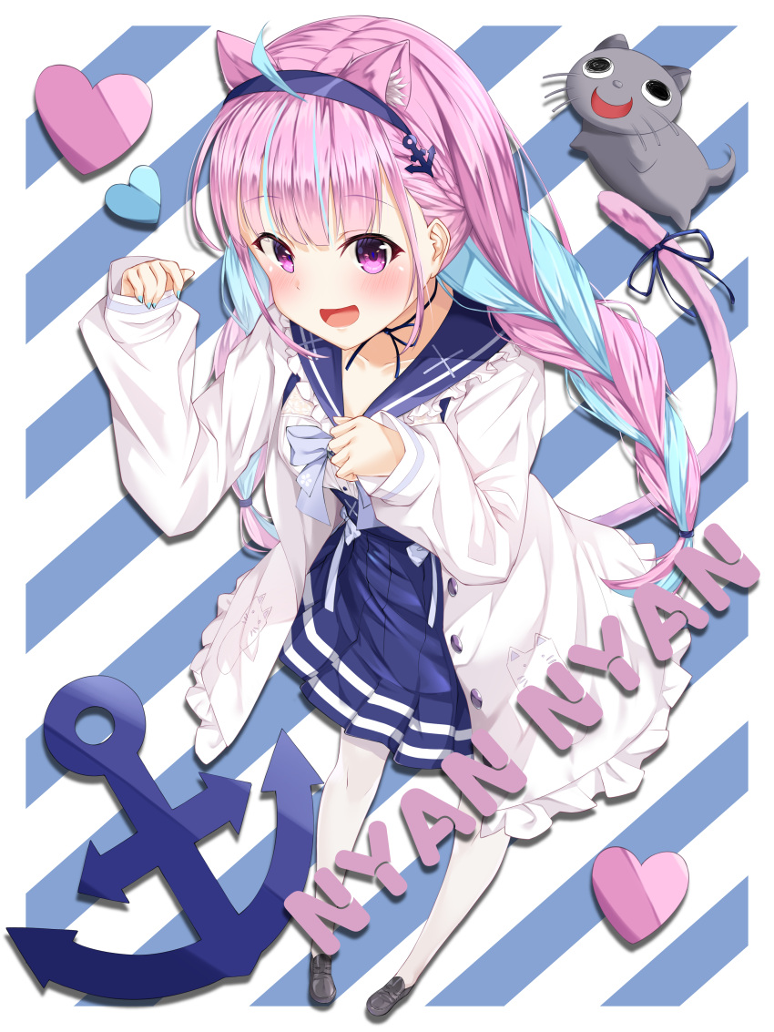 1girl absurdres ahoge anchor_symbol animal_ears bangs black_footwear blue_hair blue_hairband blue_nails blue_ribbon blue_skirt blunt_bangs blush border braid cat_ears cat_girl cat_tail choker colored_inner_hair frilled_sailor_collar frills full_body hairband heart high-waist_skirt highres hololive jacket long_hair long_sleeves looking_at_viewer minato_aqua multicolored_hair neko_(minato_aqua) open_clothes open_jacket open_mouth pantyhose pink_eyes pink_hair pleated_skirt ribbon ribbon_choker sailor_collar school_uniform serafuku shimo_(shimo332215) skirt sleeves_past_wrists smile solo streaked_hair tail tail_ornament tail_ribbon twin_braids twintails two-tone_hair virtual_youtuber white_border white_jacket white_pantyhose