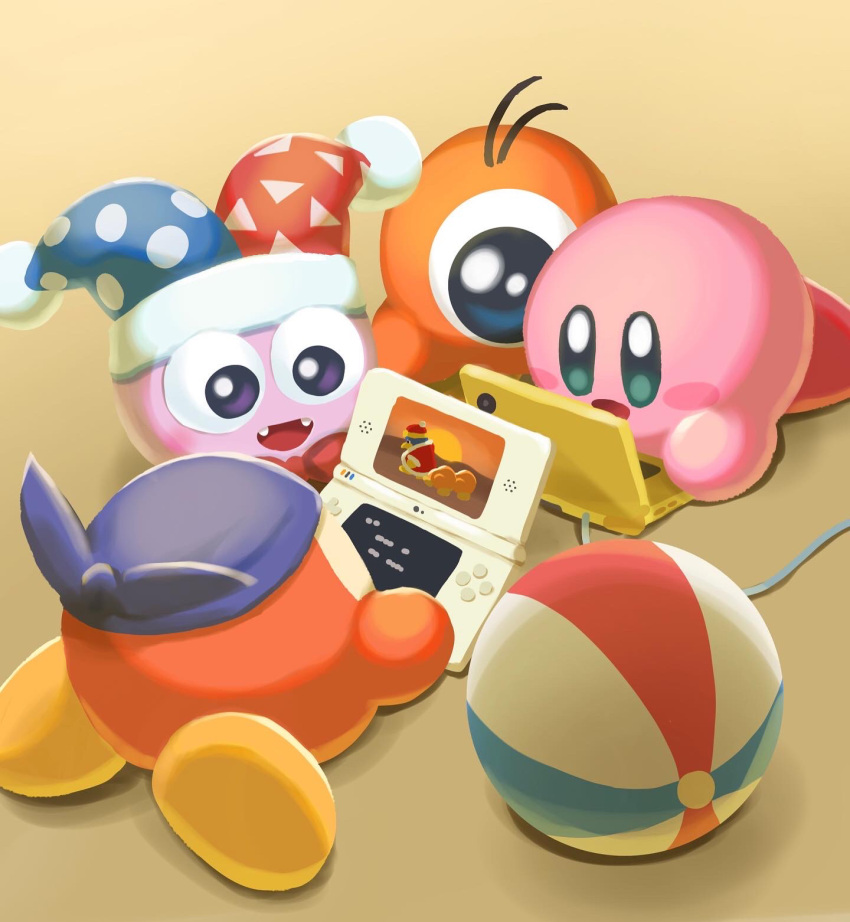 :d aruco_co bandana bandana_waddle_dee blue_bandana blue_eyes blue_headwear blush blush_stickers bow bowtie brown_background cable commentary_request fangs handheld_game_console hat highres jester_cap king_dedede kirby kirby_(series) kirby_super_star_ultra lying marx_(kirby) multicolored_clothes multicolored_headwear nintendo_ds no_humans on_stomach one-eyed open_mouth playing_games red_bow red_bowtie red_headwear simple_background smile violet_eyes waddle_dee waddle_doo