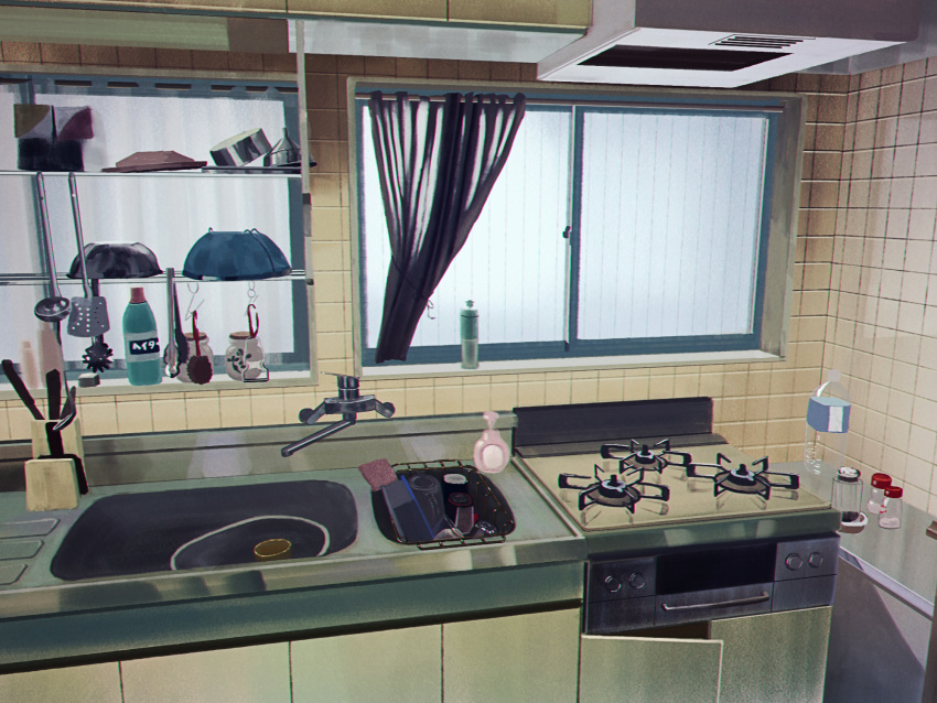 cabinet cup curtains faucet highres indoors kitchen kitchen_knife naohiro no_humans original plastic_bottle salt_shaker scenery scrub sink spatula stove tongs window
