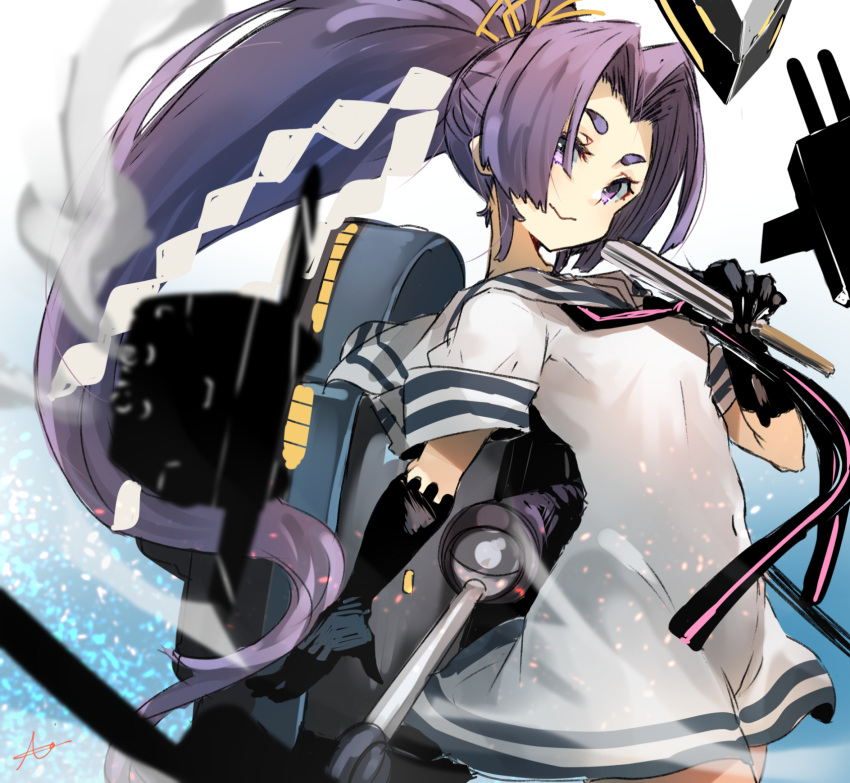 1girl adapted_turret black_gloves blue_dress cannon dress folded_fan folding_fan gloves gradient_background hand_fan hatsuharu_(kancolle) headgear highres hikimayu kantai_collection long_hair machinery ponytail purple_hair rigging sailor_dress shide smokestack solo sunday_aki thigh-highs turret violet_eyes