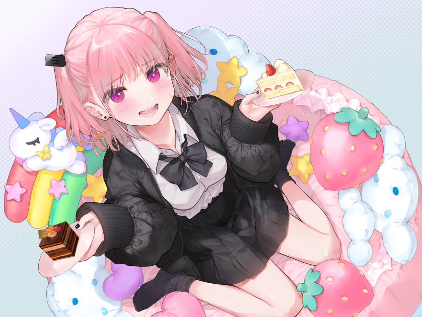 1girl aihara_shouta black_bow black_bowtie black_jacket black_nails black_skirt black_socks blush bow bowtie breasts cake chocolate_cake collared_shirt commentary earrings food fruit hair_ornament heart heart_pillow highres holding holding_plate jacket jewelry medium_breasts medium_hair nail_polish no_shoes open_clothes open_jacket open_mouth original pillow pink_eyes pink_hair plate pleated_skirt shirt sitting skirt smile socks solo strawberry strawberry_shortcake stud_earrings stuffed_strawberry stuffed_unicorn sweatdrop symbol-only_commentary teeth twintails wariza white_shirt