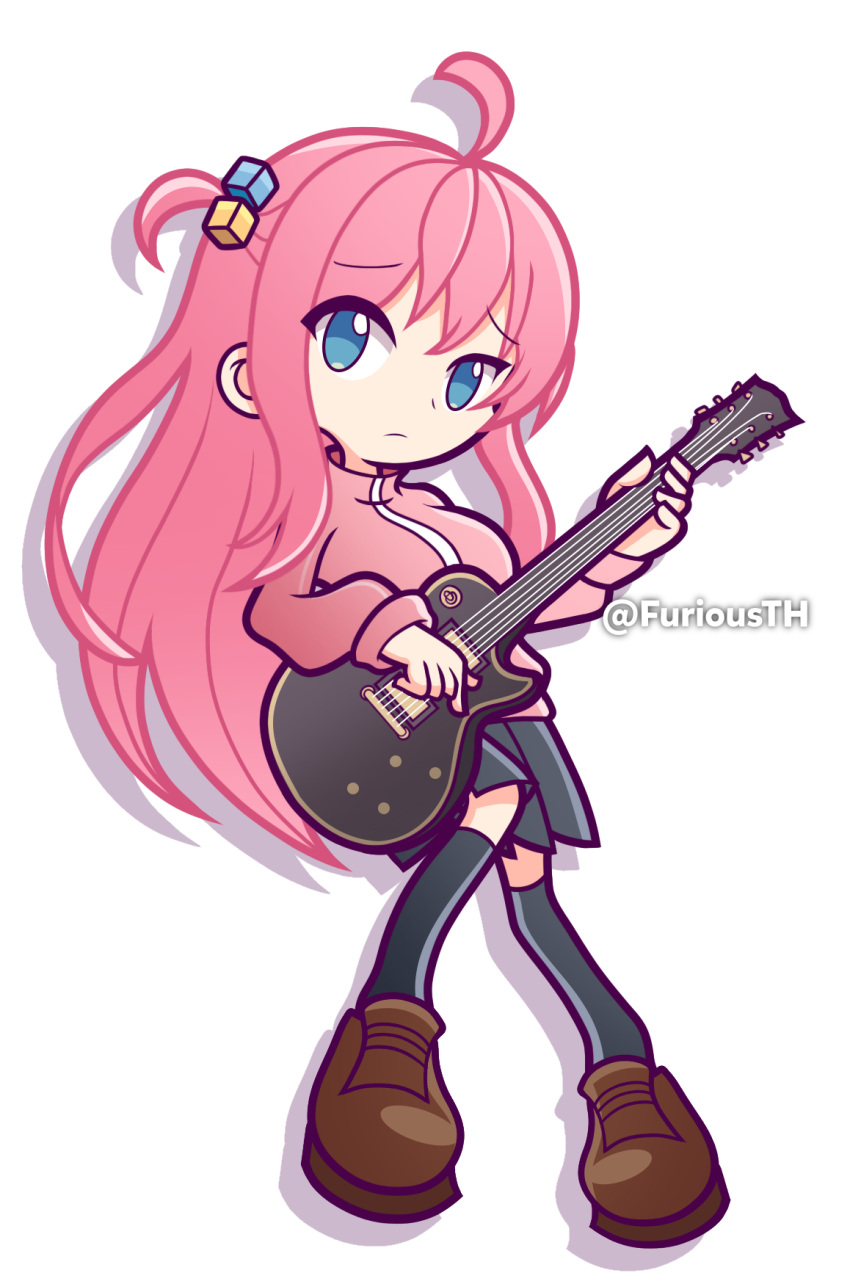 1girl black_skirt black_thighhighs bocchi_the_rock! brown_footwear electric_guitar furiousth gibson_les_paul gotou_hitori guitar highres holding holding_instrument instrument long_hair long_sleeves looking_at_viewer parody pink_hair puyopuyo side_ponytail simple_background skirt solo style_parody thigh-highs white_background