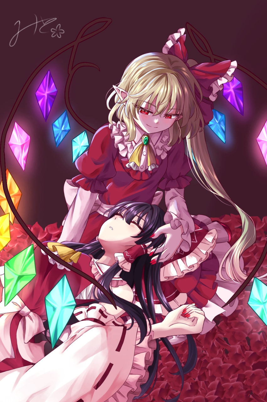 2girls ascot bangs blonde_hair blush bow brown_hair closed_eyes closed_mouth collar collared_shirt commentary_request crystal detached_sleeves dress flandre_scarlet frilled_bow frilled_collar frilled_hair_tubes frilled_shirt_collar frills hair_bow hair_tubes hakurei_reimu hand_on_another's_head highres lap_pillow long_hair looking_at_another lying mito_(fate) multiple_girls nail_polish one_side_up open_mouth puffy_short_sleeves puffy_sleeves red_bow red_dress red_eyes red_shirt red_skirt ribbon-trimmed_sleeves ribbon_trim shirt short_hair short_sleeves side_ponytail sidelocks sitting skirt sleeveless sleeveless_dress sleeveless_shirt slit_pupils smile touhou wide_sleeves wings yellow_ascot yokozuwari yuri