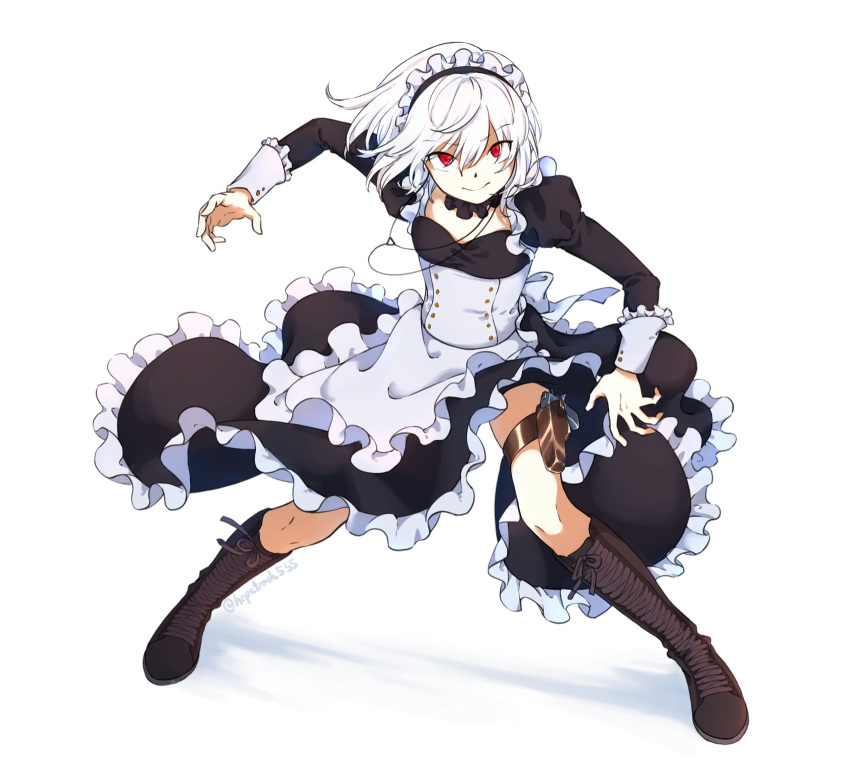 &gt;:) 1girl accelerator_(toaru_majutsu_no_index) albino ambiguous_gender androgynous apron bangs black_collar black_dress black_footwear boots bow collar corset cross-laced_footwear dress dress_bow electrodes flat_chest frilled_apron frilled_collar frilled_dress frills full_body genderswap genderswap_(mtf) gun hand_up handgun highres holster holstered_weapon hopetrash555 knee_boots knees lace-up_boots long_sleeves looking_at_viewer maid maid_headdress pale_skin puffy_sleeves red_eyes sanpaku shadow short_hair signature smile solo standing suzushina_yuriko thigh_holster toaru_majutsu_no_index v-shaped_eyebrows waist_apron weapon white_apron white_background white_hair wind wind_lift wrist_cuffs